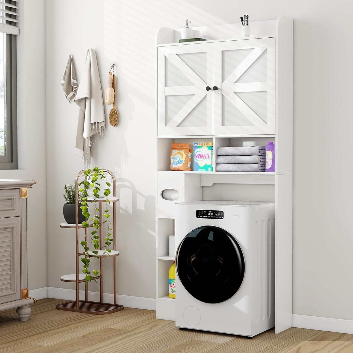 Over the Toilet Storage Cabinet with Farmhouse Barn Doors and Adjustable Shelves, Freestanding Bathroom Organizer with Toilet Paper Holder, Wood Space Saver for Small Restroom & Laundry Room, White