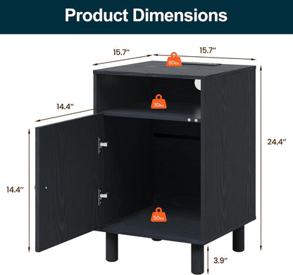 Nightstand Set of 2, Modern Side Table with Charging Station, Accent End Table with Solid Wood Legs, Bedside Table for Bedroom, Entryway, Black