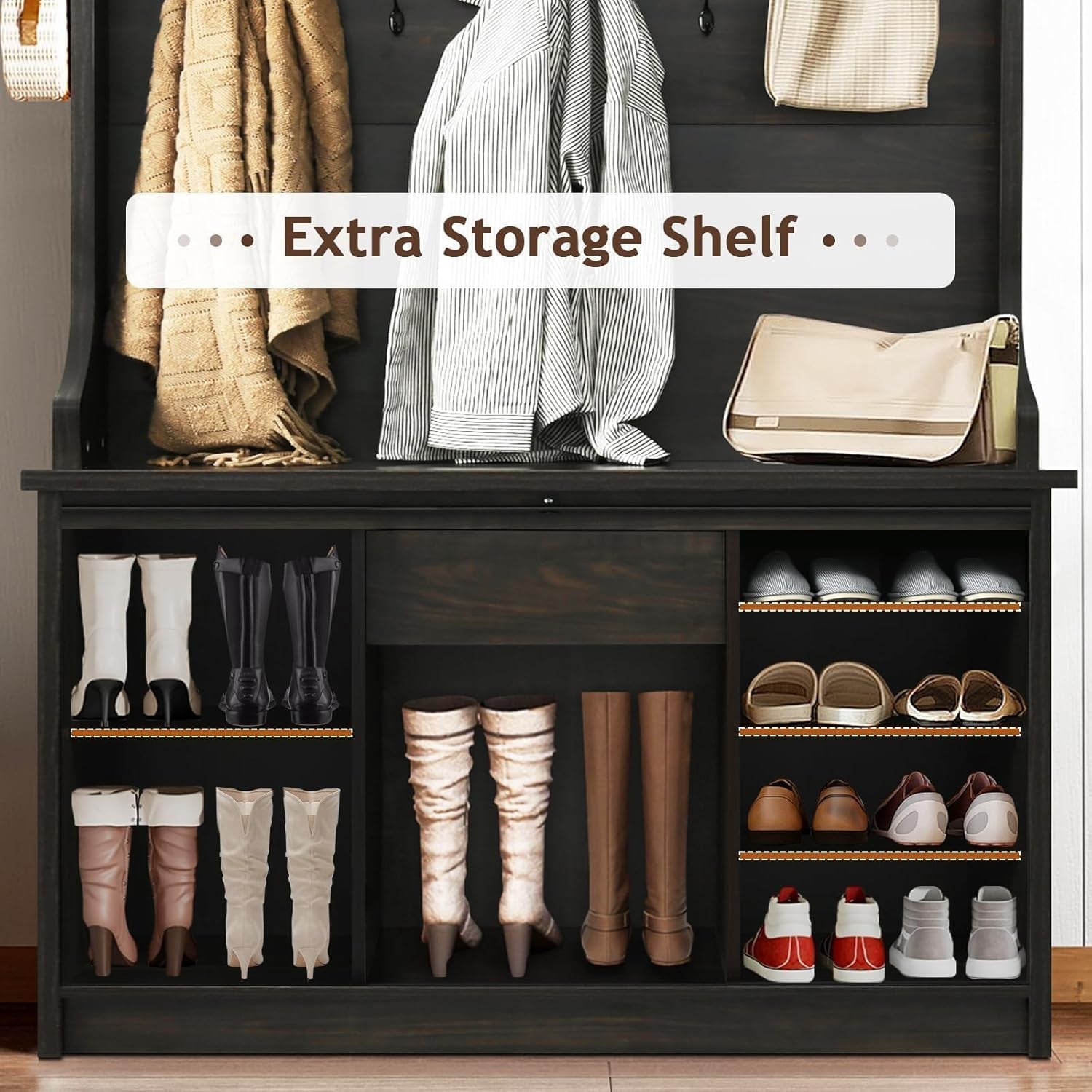 Hall Tree with Shoe Storage, 5-In-1 Entryway Bench with Storage Coat Rack, Entryway Hall Tree with Bench and Adjustable Shelf, Brown