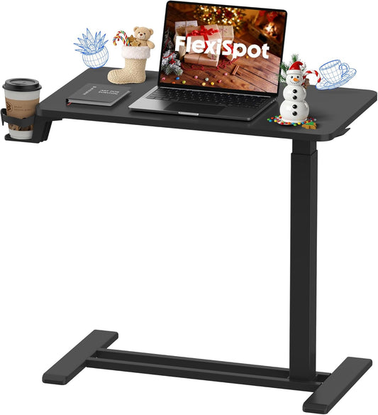 H7 Adjustable Overbed Bedside Table with Wheels Pneumatic Mobile Standing Desk Laptop Desk Rolling Computer Cart Movable Overbed Tables Hospital Home Use(27.6" W X 15.7" D, Black Table)