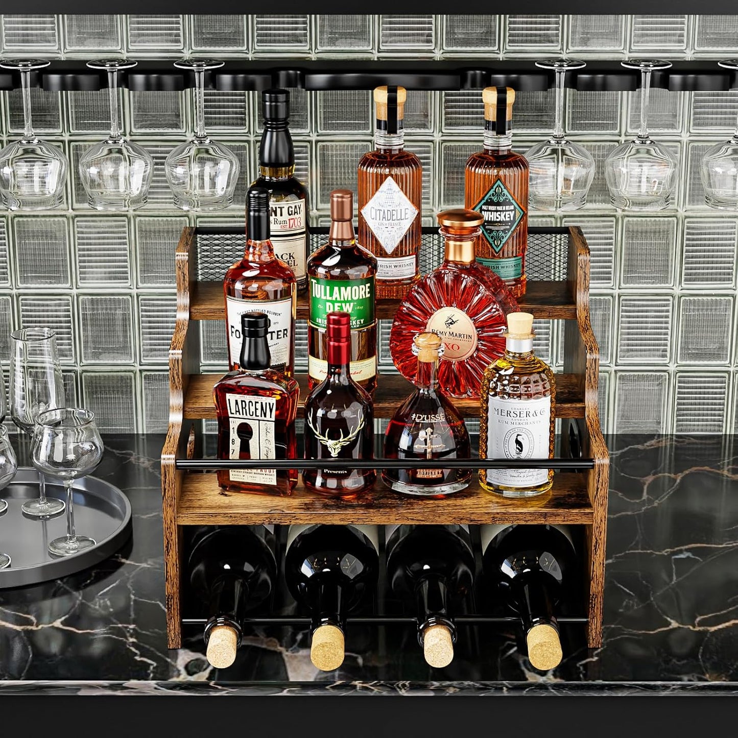 4-Tier Wood Display Shelf, Black Modern Bottle Organizer, Countertop Bar Stand for Liquor, Coffee Syrup, (Brown)