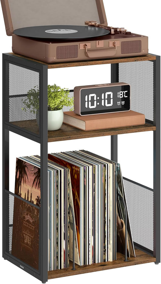 Record Player Stand, 3-Tier Side Table, Vinyl Record Storage up to 100 Albums, End Table for Living Room, Bedroom, Rustic Brown ULET275K01
