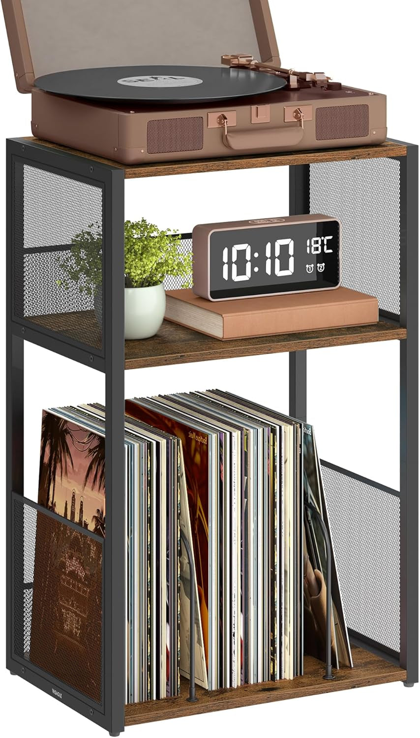 Record Player Stand, 3-Tier Side Table, Vinyl Record Storage up to 100 Albums, End Table for Living Room, Bedroom, Rustic White ULET275W01