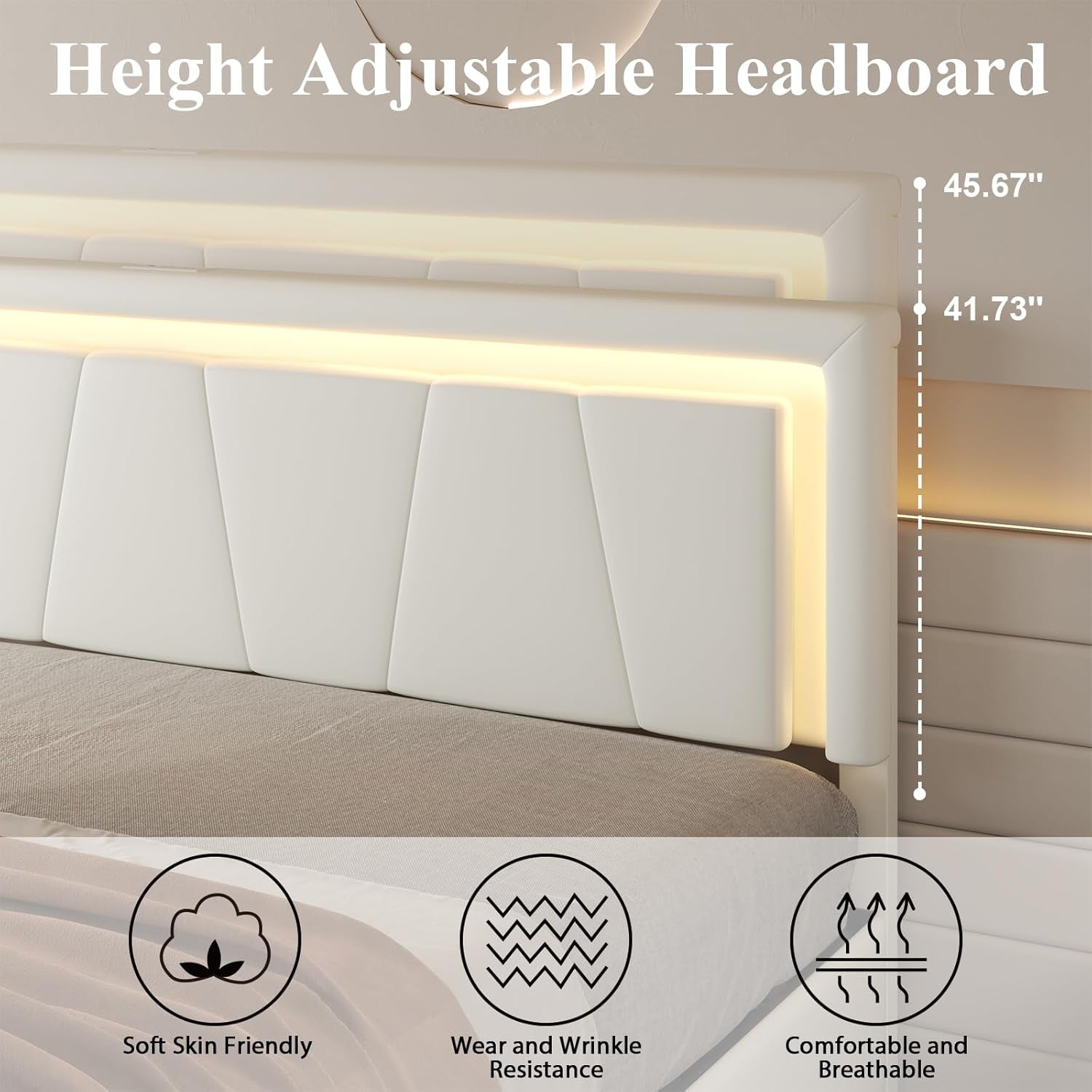 Queen Size Bed Frame with 4 Storage Drawers, Charging Station and LED Light, Adjustable Upholstered Headboard, Noise-Free, No Box Spring Needed, Easy Assembly, White