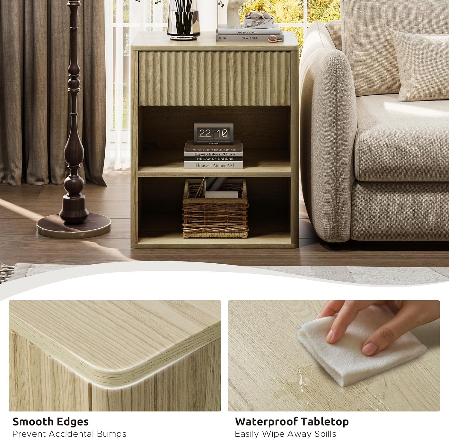 Nightstand Bedside Table Storage Drawer - Large Mid Century Modern Night Stand with Fluted Wood Drawer and Open Shelf Bed Side Table for Bedroom Study Room, Natural Oak