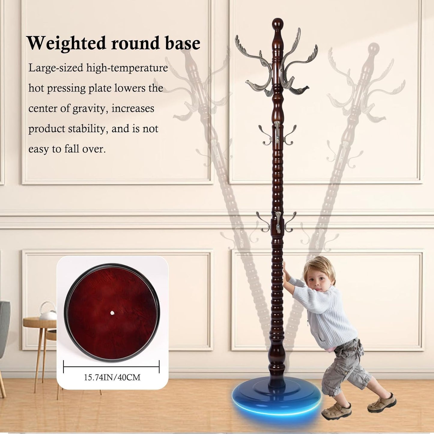 Coat Rack Stand, Solid Wooden Coat Tree with 14 Hooks, Heavy Duty Coat Rack Freestanding with Sturdy round Base, Natural Birch Wood Coat Hanger Stand for Entryway Bedroom (Metal Hook)