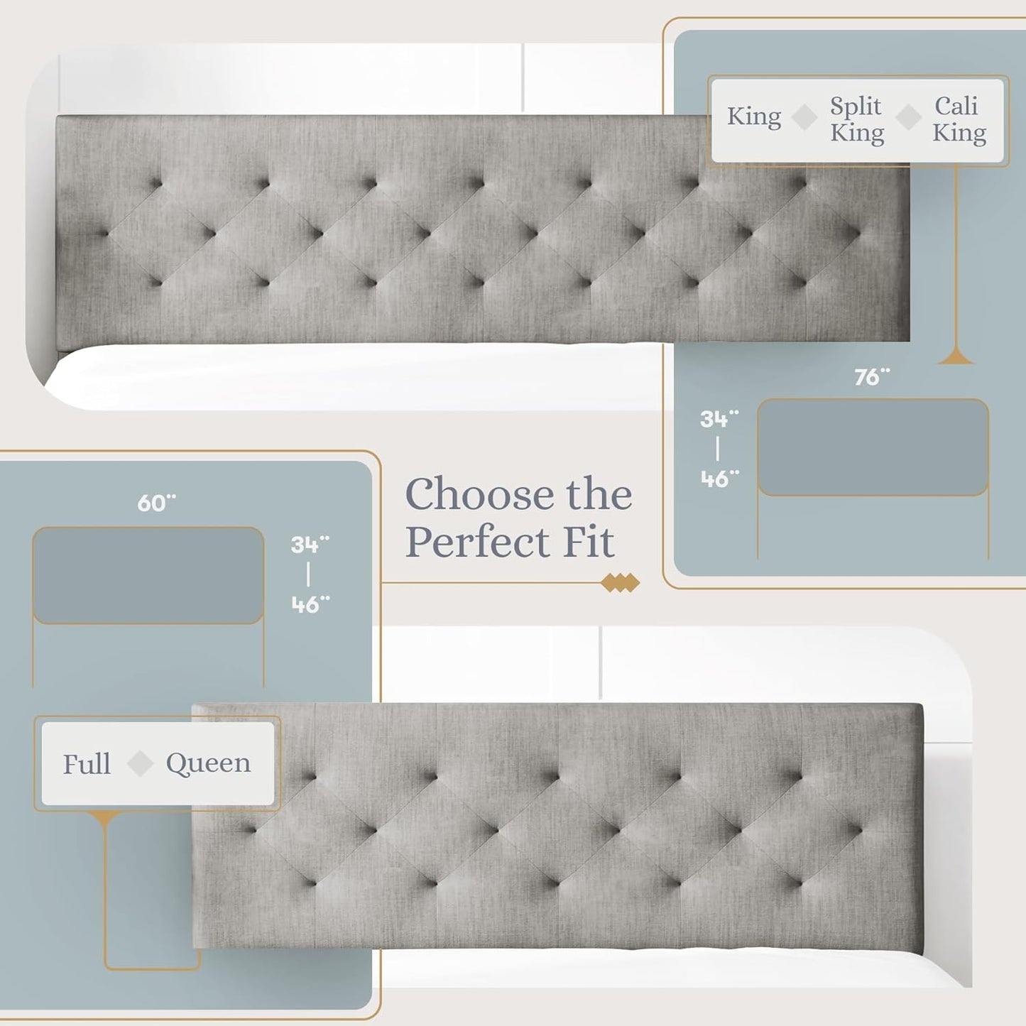 Diamond-Tufted Mid-Rise Upholstered Headboard, Wall or Bed Frame Mount - Full or Queen (Gray)