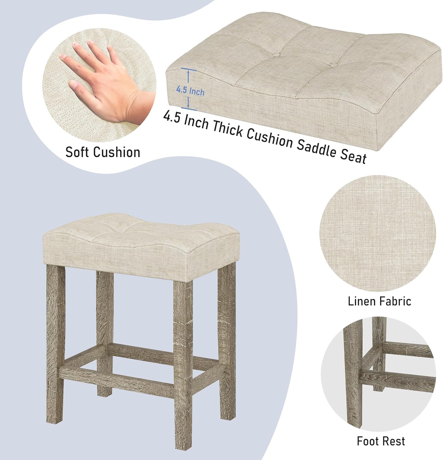 3-Piece Counter Height Bar Table Set with Socket and 2 Fabric Padded Bar Stools, Tall Kitchen Breakfast Dining Table Set with Stools (1+2 Natural)