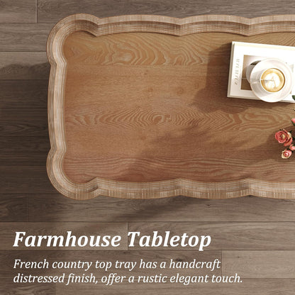 Farmhouse Coffee Table, Rustic White Cocktail Table with Storage Shelf, Sofa Table with Natural Tray Top and Carved Legs for Living Room Furniture Dining Room, Vintage White