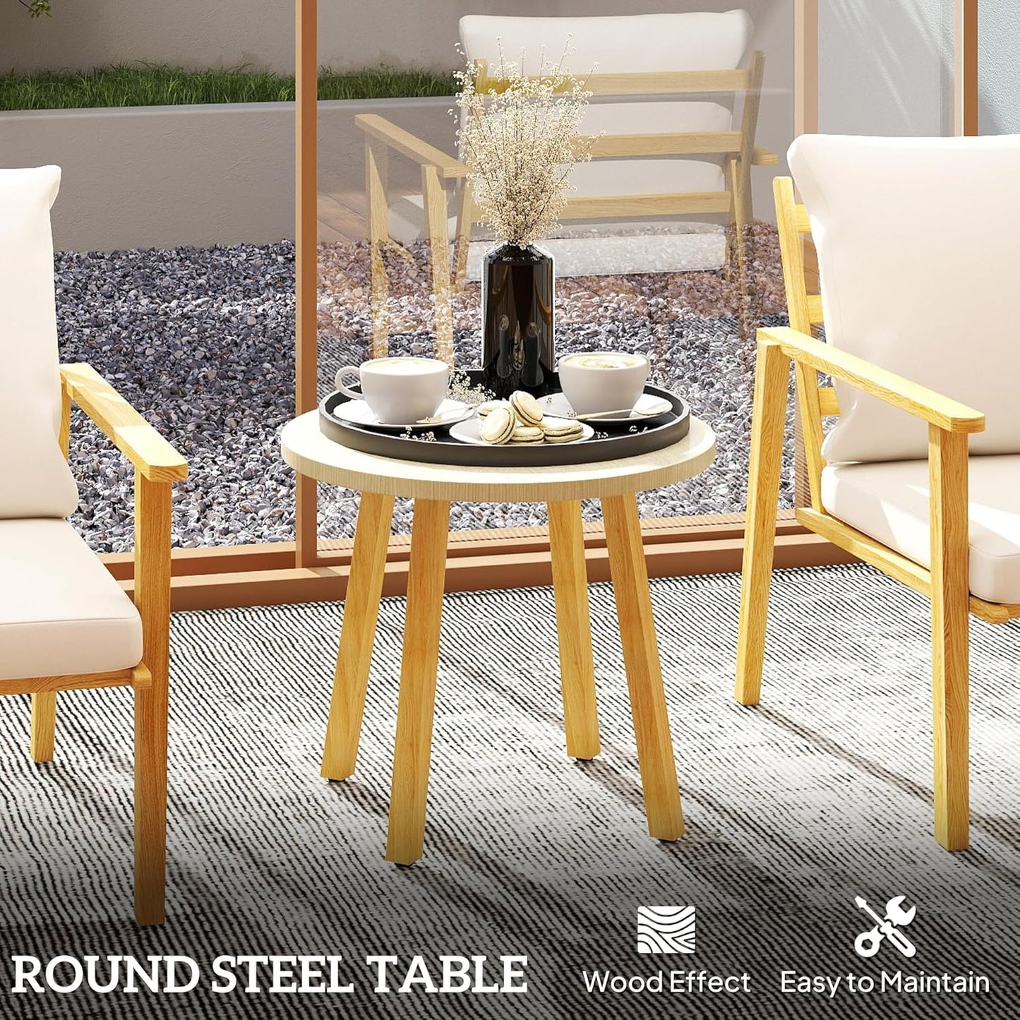 Outdoor Bistro Set, 3 Piece Patio Set, Wood Effect Steel round Table and Chairs with Wide and Deep Seat, Small Conversation Patio Furniture with Cushions for Backyard, Porch, Cream White