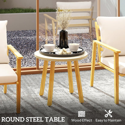 Outdoor Bistro Set, 3 Piece Patio Set, Wood Effect Steel round Table and Chairs with Wide and Deep Seat, Small Conversation Patio Furniture with Cushions for Backyard, Porch, Cream White