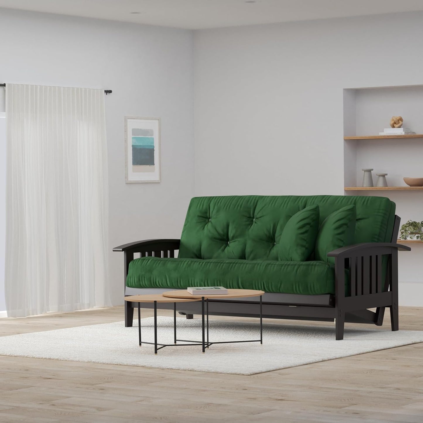 Westfield Complete Futon Set - Espresso Finish (Warm Black) – Large Queen Size, Mission Style Wood Futon Frame with Mattress Included (Twill Hunter Green), More Mattress Colors Available