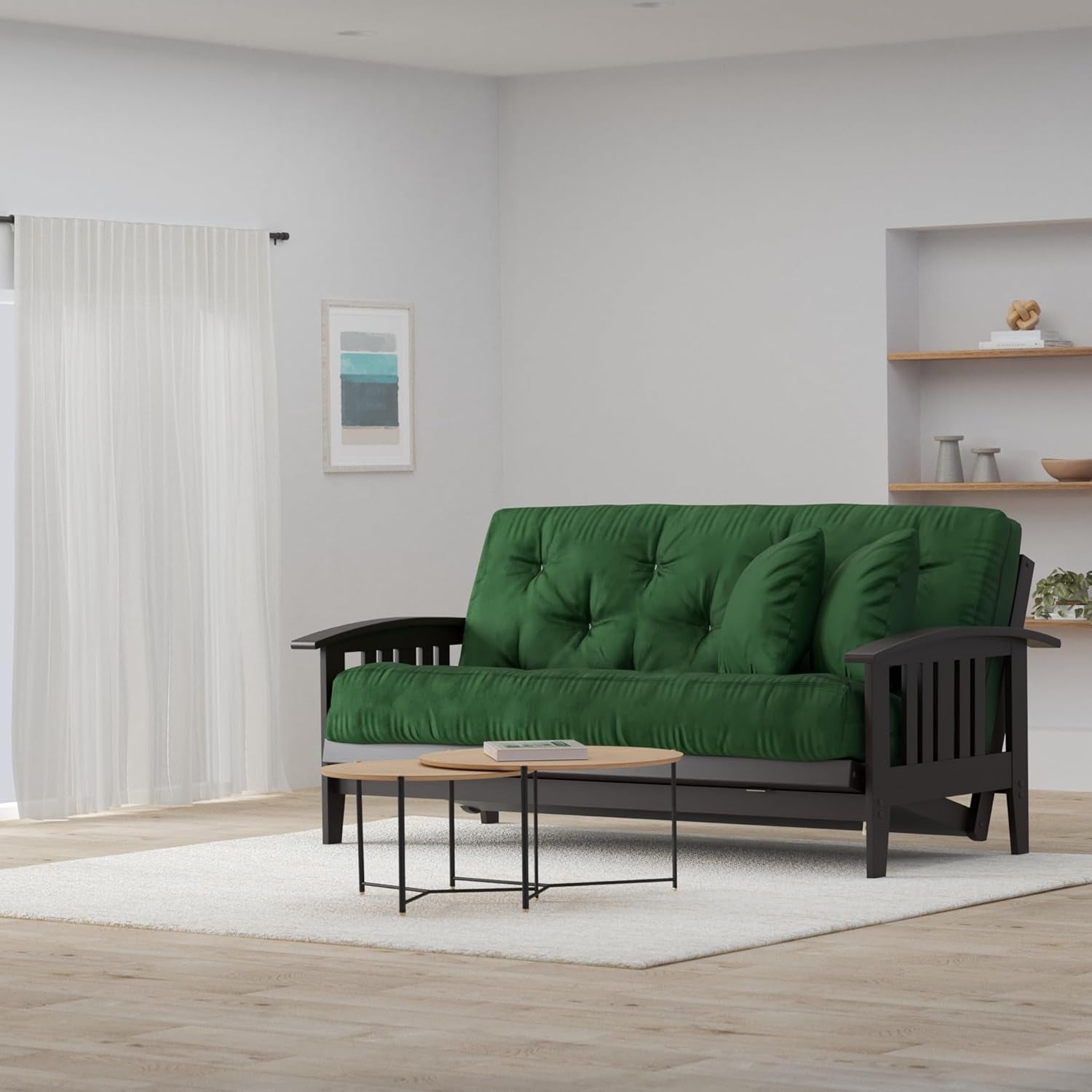 Westfield Complete Futon Set - Espresso Finish (Warm Black) – Large Queen Size, Mission Style Wood Futon Frame with Mattress Included (Twill Hunter Green), More Mattress Colors Available