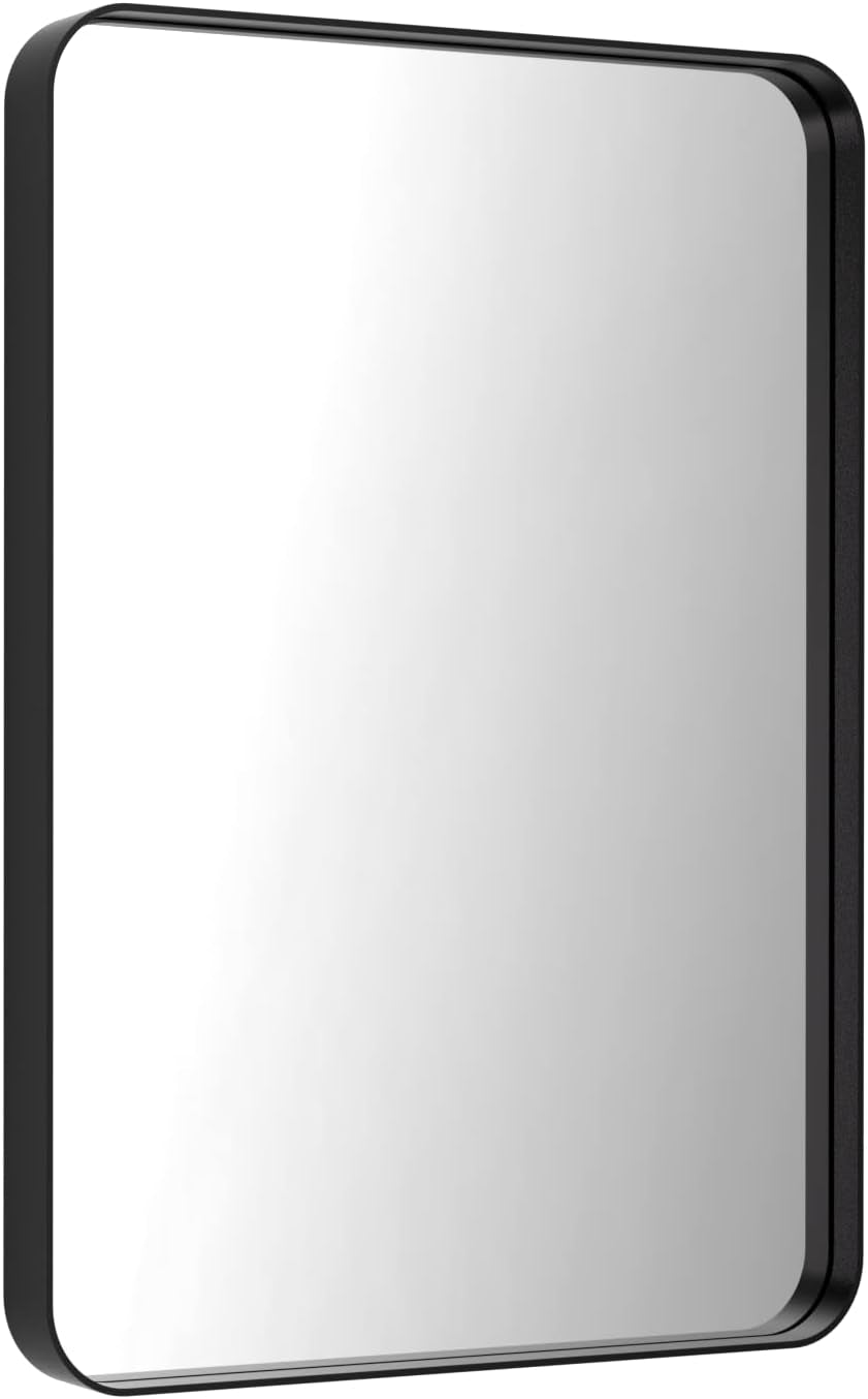 Black Metal Framed Bathroom Mirror for Wall, 22X30 Inch Rounded Rectangle Mirror, Matte Black Bathroom Vanity Mirror Farmhouse, Anti-Rust, Hangs Horizontally or Vertically