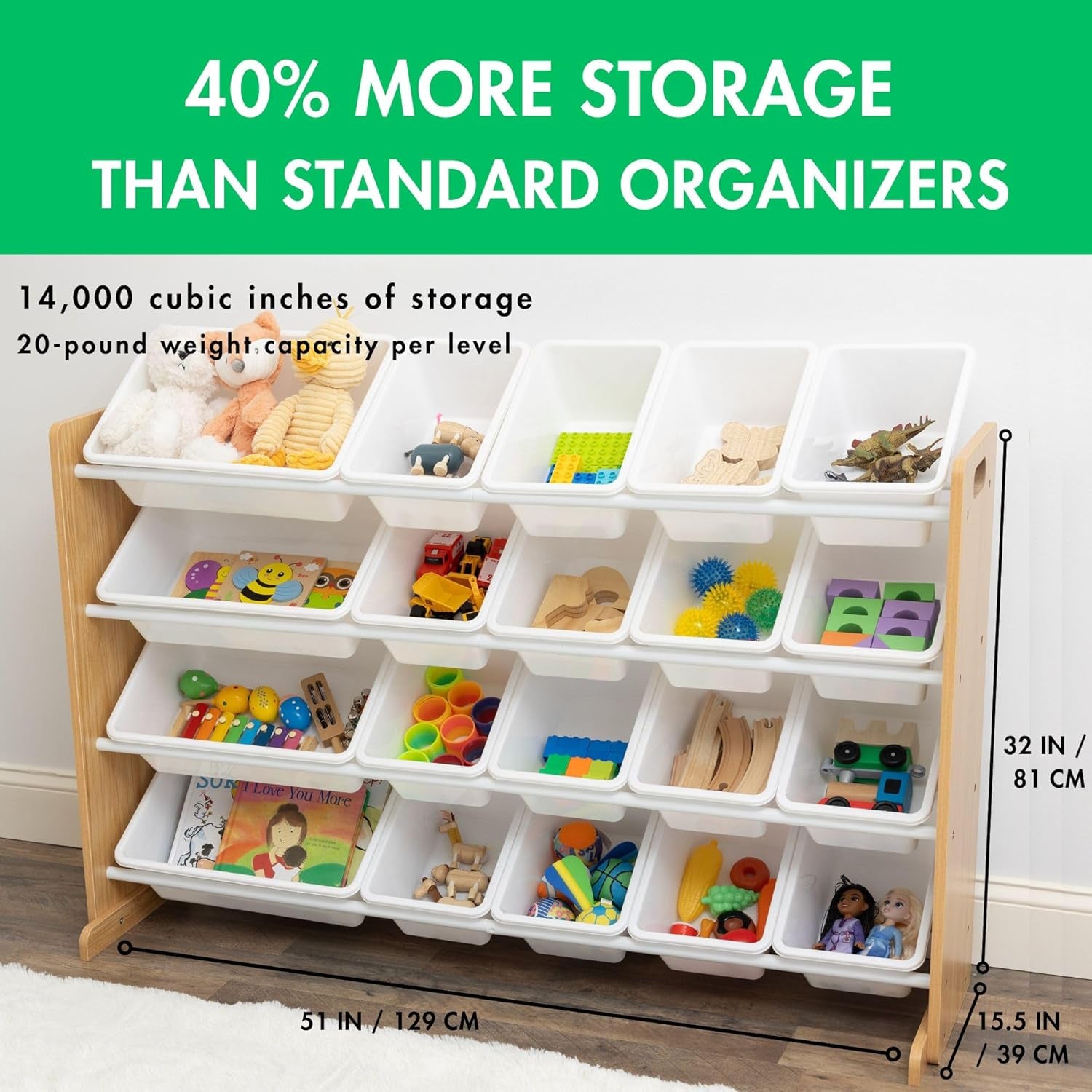 Extra-Large Toy Organizer with 20 Plastic Bins – Natural/White Storage Rack with 4-Tier Shelves, Anti-Tip Safety, for Kids’ Rooms, Playrooms, Nurseries & Classrooms