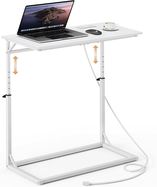 C Shaped End Table with Charging Station, C-Table End Table Adjustable Height Side Table for Couch, Large Couch Table, Slide under Sofa Table TV Tray Arm Table for Living Room, Bedroom, White