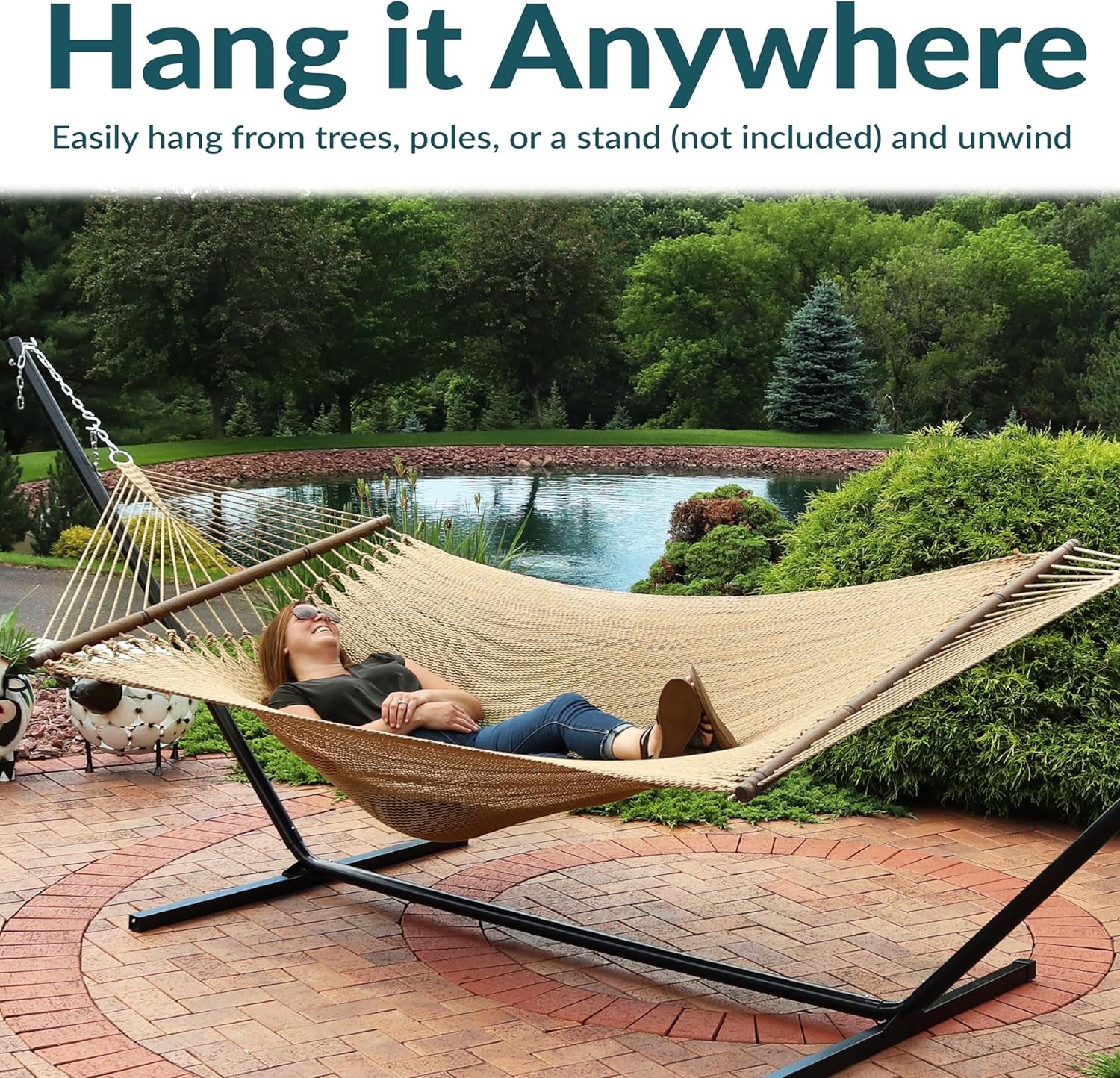 Sunnydaze Soft-Spun Polyester Rope Double Hammock for outside - 600-Pound Weight Capacity Extra Large Hammock - Tan