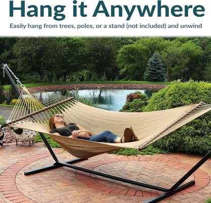 Sunnydaze Soft-Spun Polyester Rope Double Hammock for outside - 600-Pound Weight Capacity Extra Large Hammock - Tan