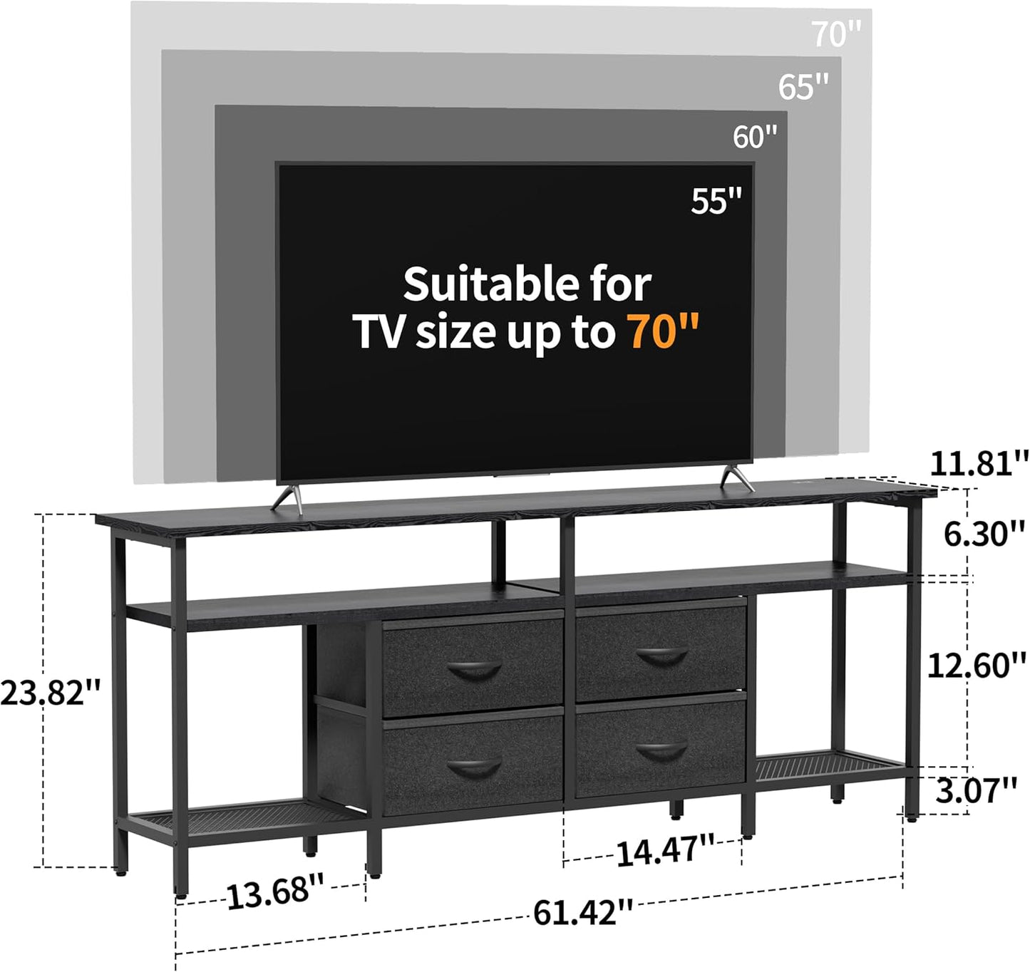 TV Stand for 55/60/65/70 Inch TV, Modern Entertainment Center with LED Lights and Power Outlets, TV Stand with Drawers and Shelves, Media Console with Storage for Living Room Bedroom, Black
