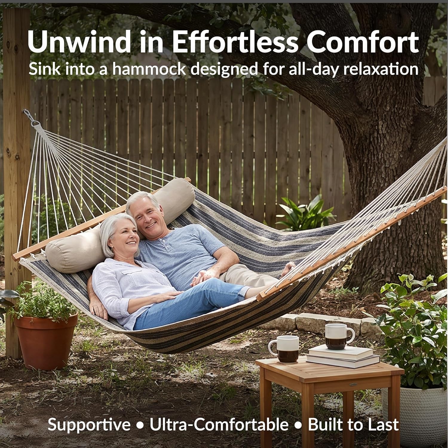 Sunnydaze Quilted Double Hammock for outside with Spreader Bars and Pillow - 450 Lb Capacity, 74X55 Inch Bed, UV Resistant, Quick Dry - Chains Included, Stand Sold Separately - Mountainside
