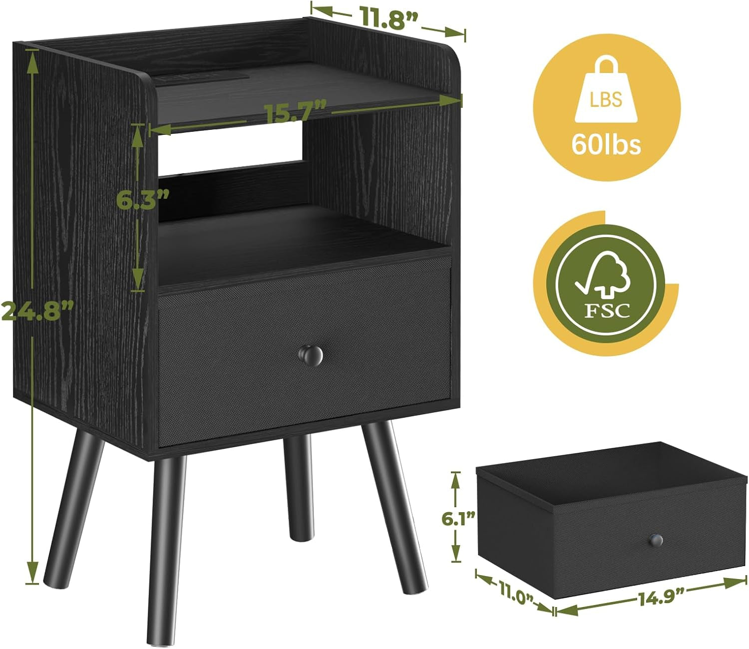 Nightstand with Charging Station, Modern Night Stand with LED Lights, Wood Nightstands with Fabric Drawer & Storage Shelf, Night Stands Bedside Table with USB Ports for Bedroom, Office, Home