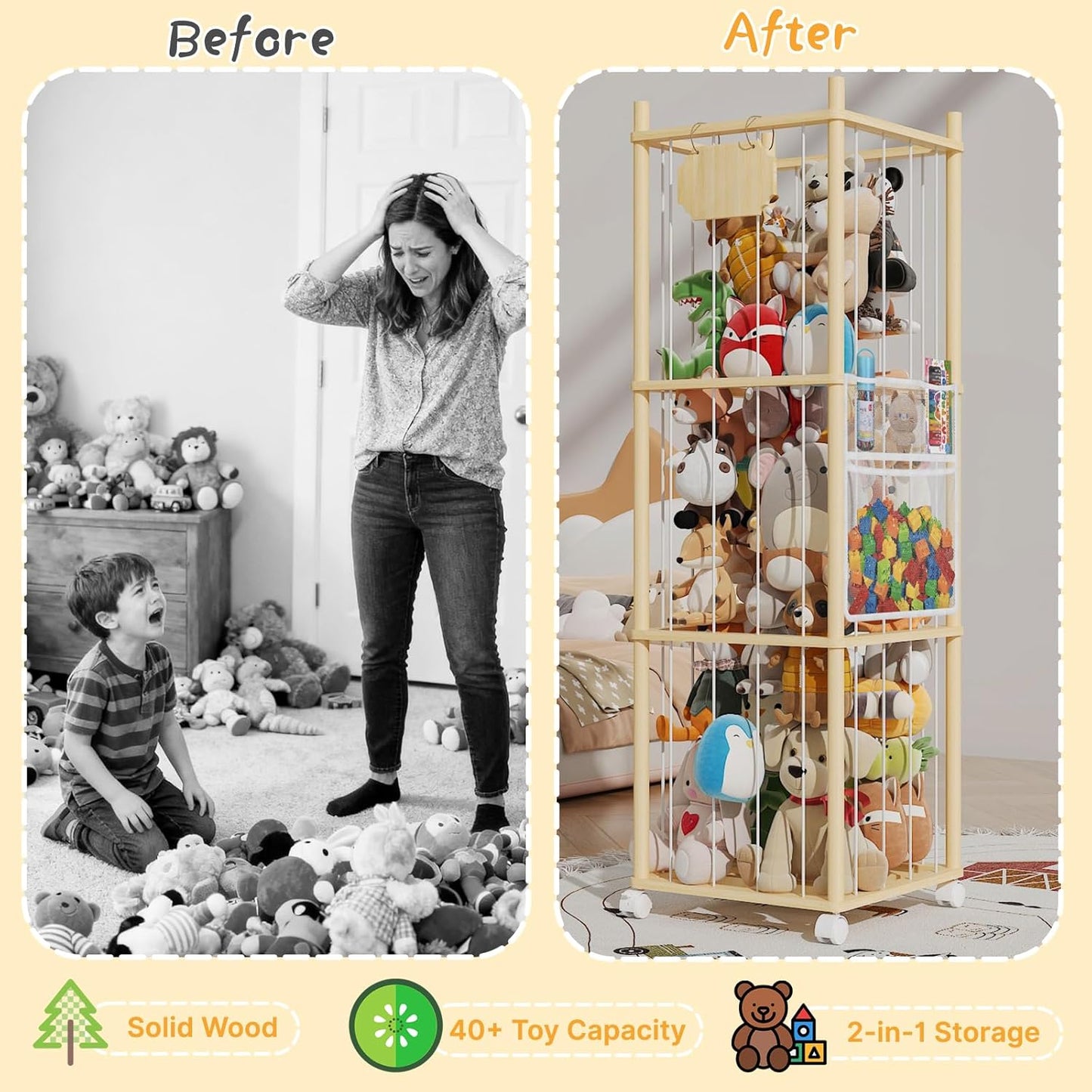 Stuffed Animal Storage & Organizer with Wheels, 225QT Oversize Zoo Toy Holder with Hammock Baby Hanging Storage Net, Giant Plush Toy Organizer for Toddler Rooms,Playroom16.5"L*16.5W*53"H(3Layer)
