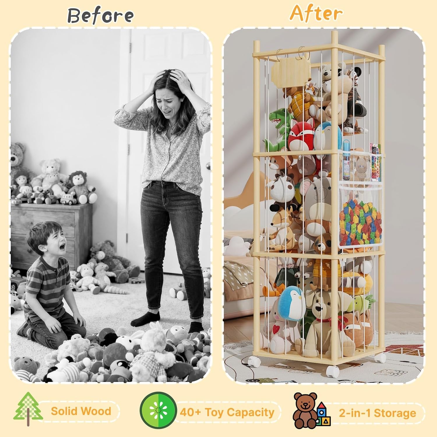 Stuffed Animal Storage & Organizer with Wheels, 225QT Oversize Zoo Toy Holder with Hammock Baby Hanging Storage Net, Giant Plush Toy Organizer for Toddler Rooms,Playroom16.5"L*16.5W*53"H(3Layer)