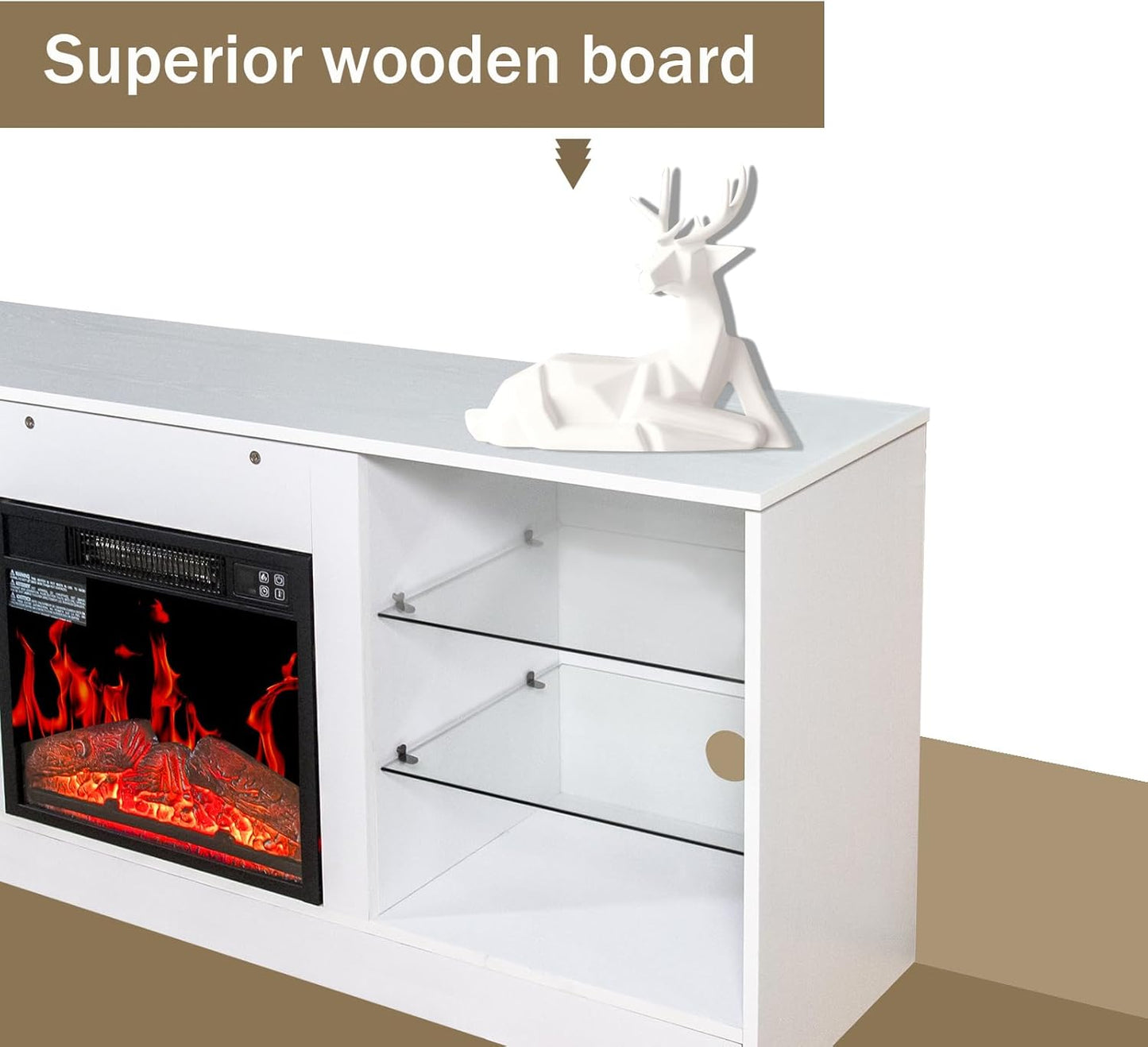 Fireplace TV Stand with LED Lights, Modern Entertainment Center with Electric Fireplace for TV up to 65", TV Console Table with Open Storage Shelves for Living Room Bedroom (White)