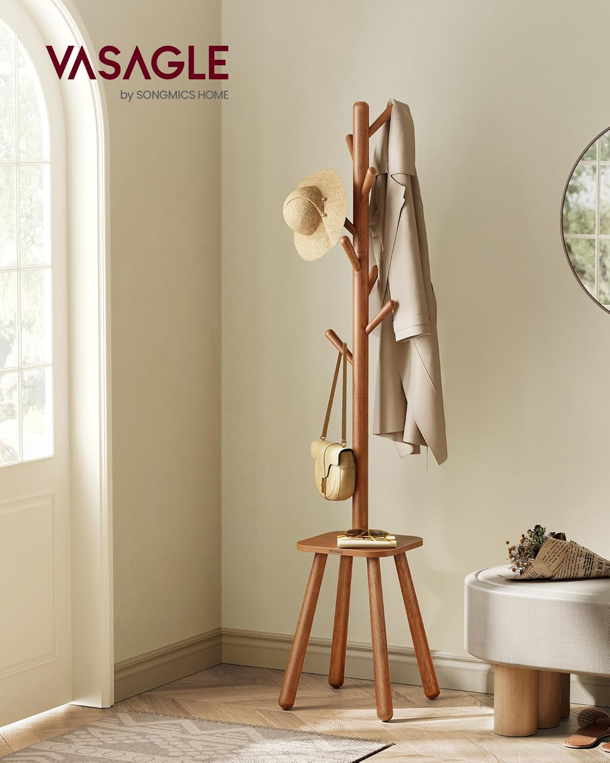 Coat Rack, Free Standing Coat Stand, Hall Coat Tree with 8 Hooks and Storage Shelf, 67.1 Inch Tall, for Coats, Hats, Bags, for Entryway, Hallway, Bedroom, Ink Black URCR033B01