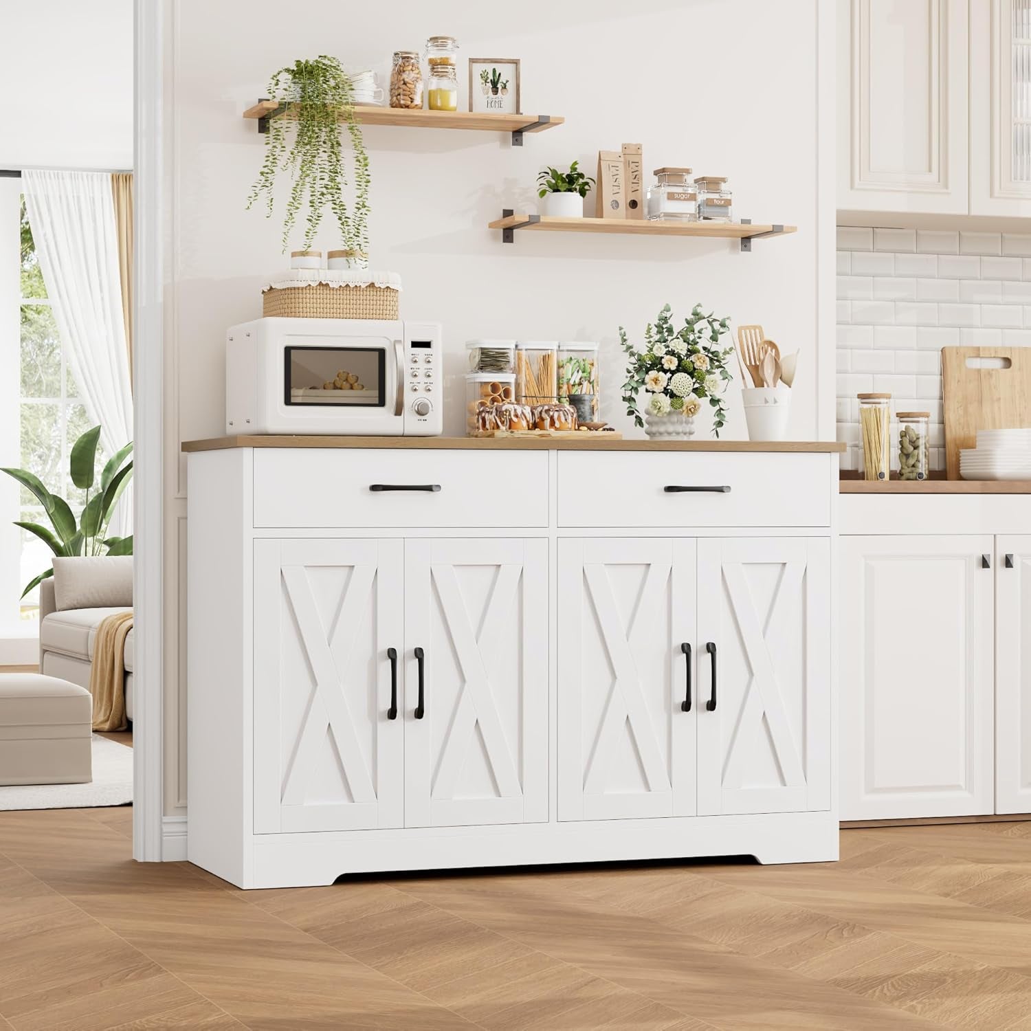 Buffet Cabinet with Storage, 47.2" Kitchen Sideboard Buffet with Drawers, Modern Farmhouse Coffee Bar Station with Shelves, Barn Doors Storage Cabinet for Living Room, White/Rustic Brown