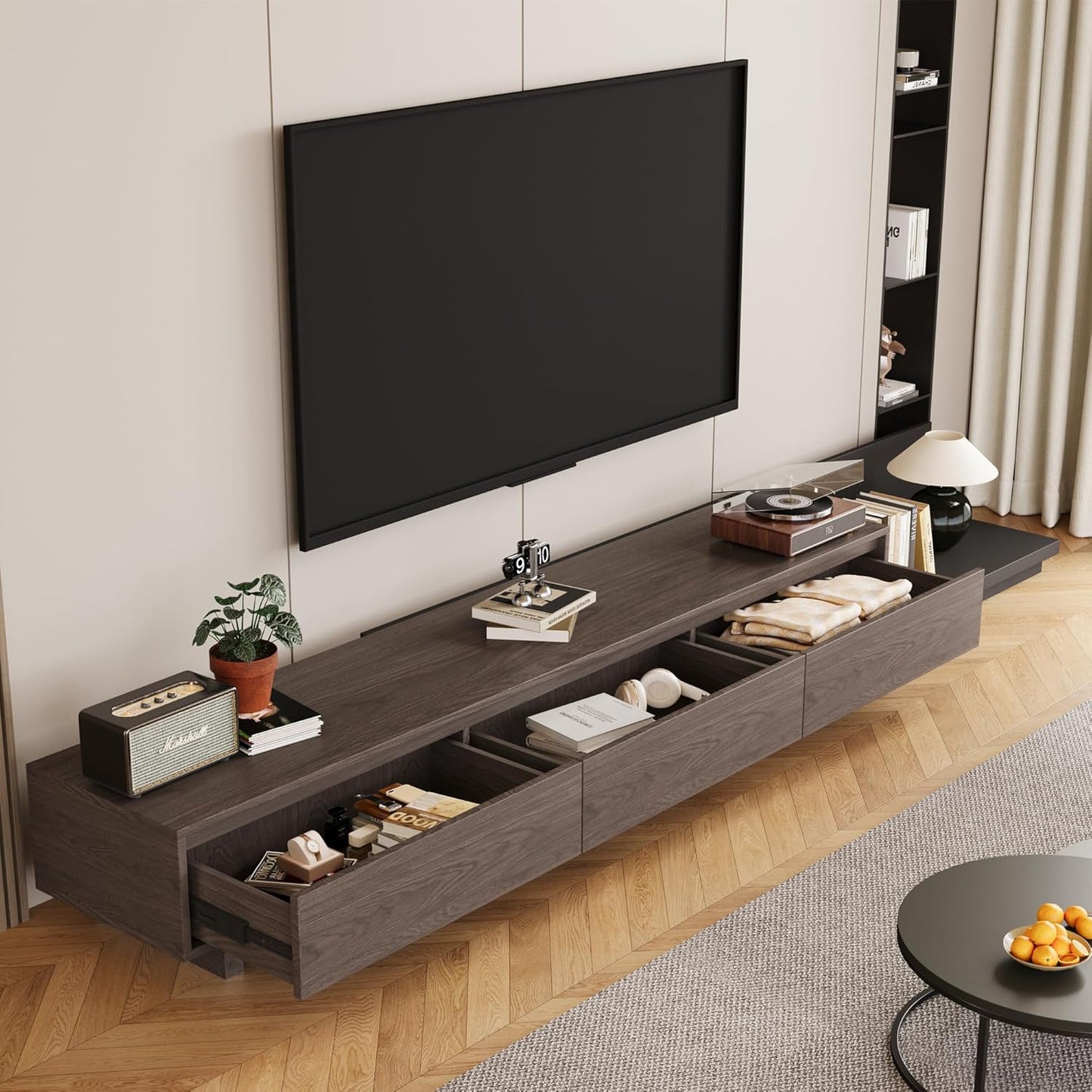 Mid-Century Modern Extendable TV Cabinet with 3 Drawers,Entertainment Center Adjustable from 78.7" to 130",TV Stand for Living Room,Black Walnut