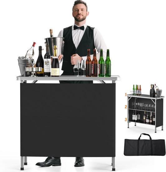 Portable Bar Table, 2-Tier Shelves, Mobile Bar Table for Events, Party, Camping, Picnic, Tradeshow, Indoor with Black Skirt, 39 "L X 34" H
