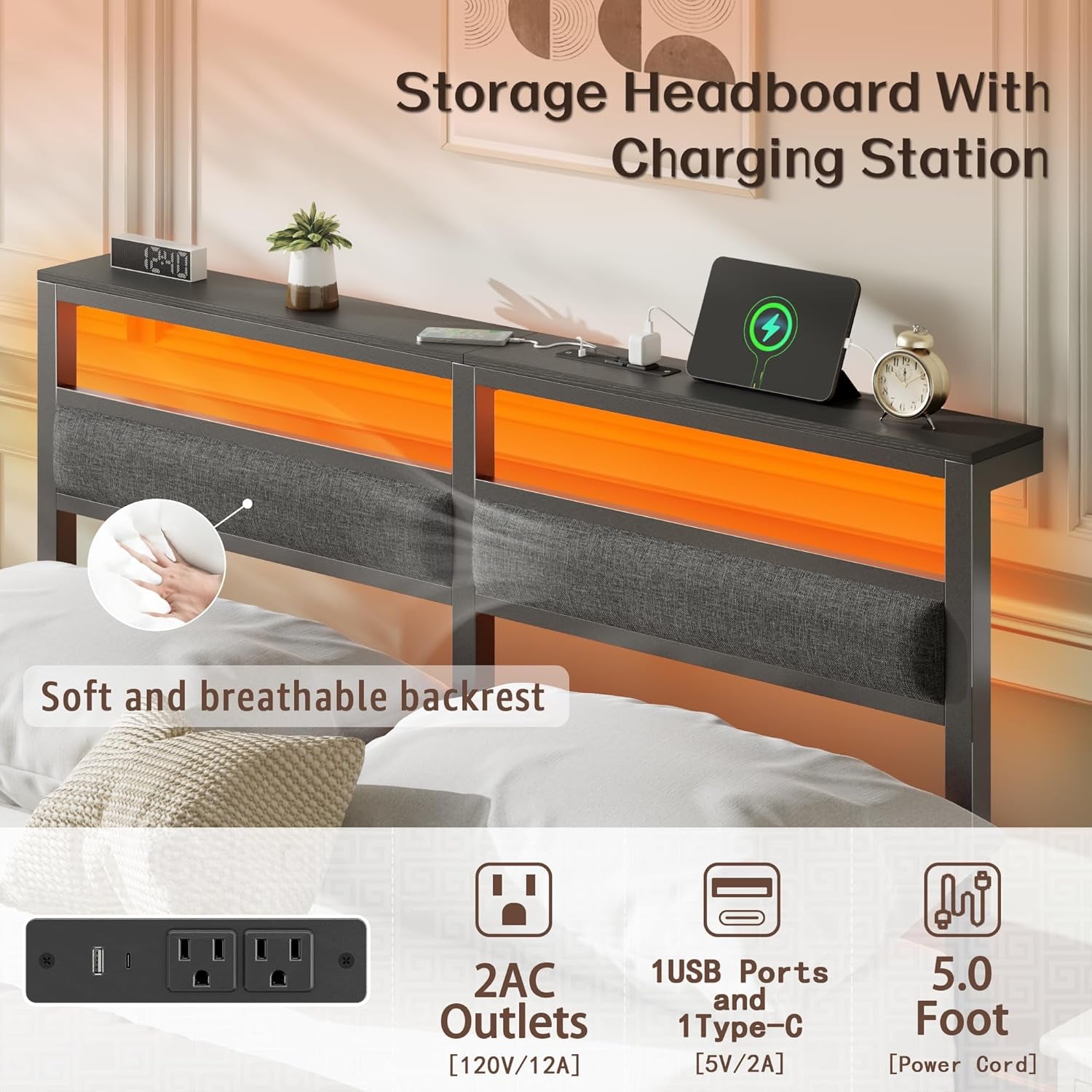 Full Size Bed Frame with Headboard, Bed Frame Full Size with LED Light and Charging Station, Black Metal Platform Bedframe and Storage Shelf, No Box Spring Needed, Noise Free
