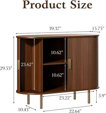 Sideboard Buffet Cabinet with Storage,Mid Century Modern Fluted Accent Coffee Bar Console Table,Tambour Sliding Doors& Adjustable Shelf for Kitchen, Living Room, Entryway(Walnut, 40Inch)