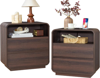 Modern Walnut Nightstand, 25" Tall Wooden Bedside Table with Charging Station, 2 Storage Drawers Side Table Curved Profile, Handleless, Large End Table Night Stand for Bedroom, Office