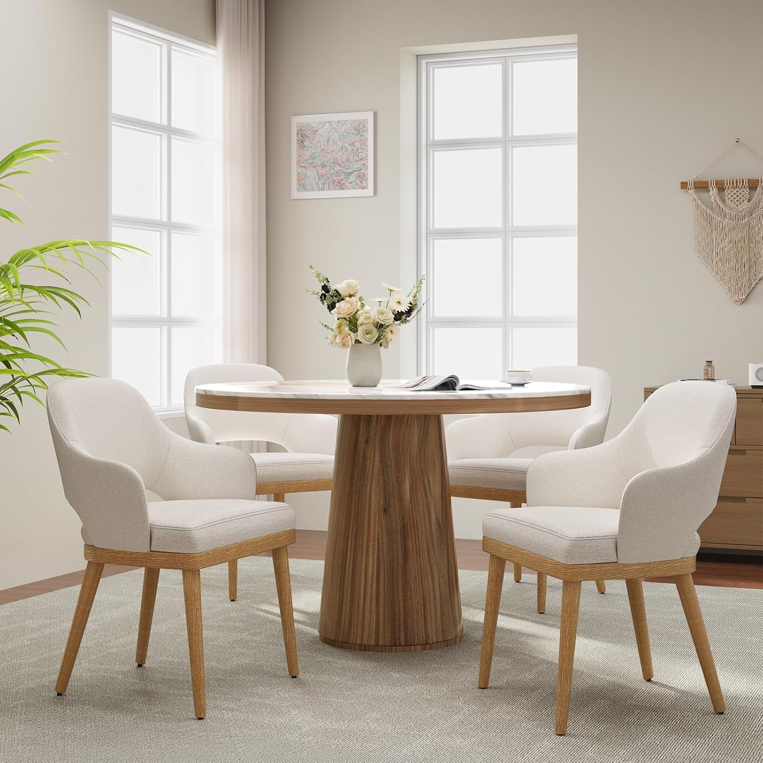Wooden Dining Chairs Set of 4, Modern Fabric Upholstered Dining Room Chair, Kitchen Side Chairs, Farmhouse Dinner Chair with Open Back for Kitchen, Beige
