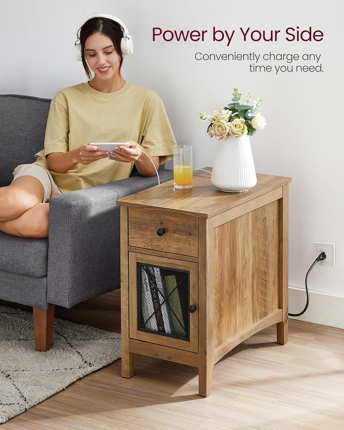 Side Table with Storage, End Table with USB Ports and Outlets, Nightstand with Charging Station, Drawer, Storage Cabinet, Magazine Rack, for Living Room, Bedroom, Rustic Walnut ULET312T41