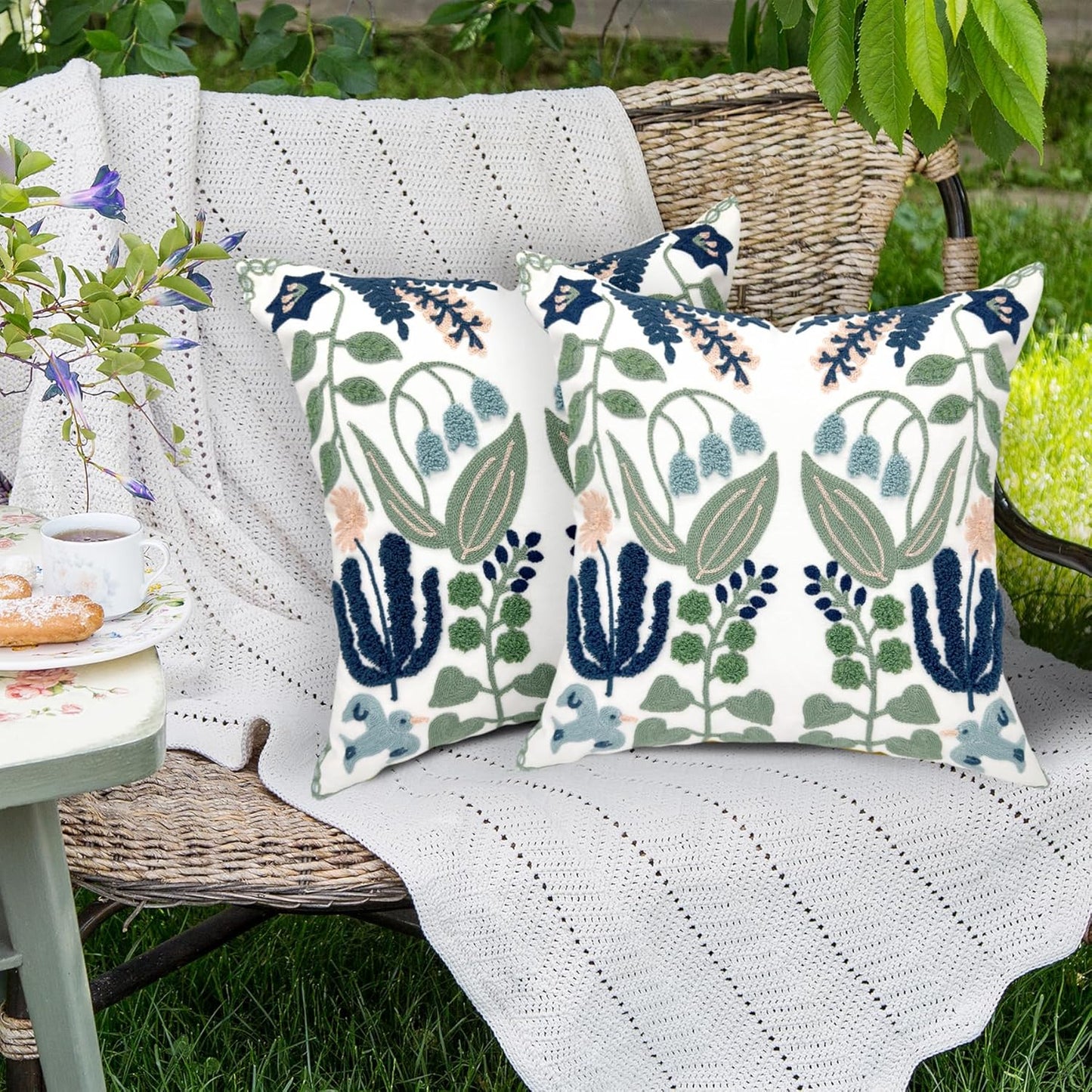 Summer Floral Embroidered Decorative Throw Pillow Covers 18"X 18" Set of 2, Farmhouse Navy Blue Flowers Green Leaves Tufted Patterned Cotton Cushion Cases for Couch Bed Living Room Decor