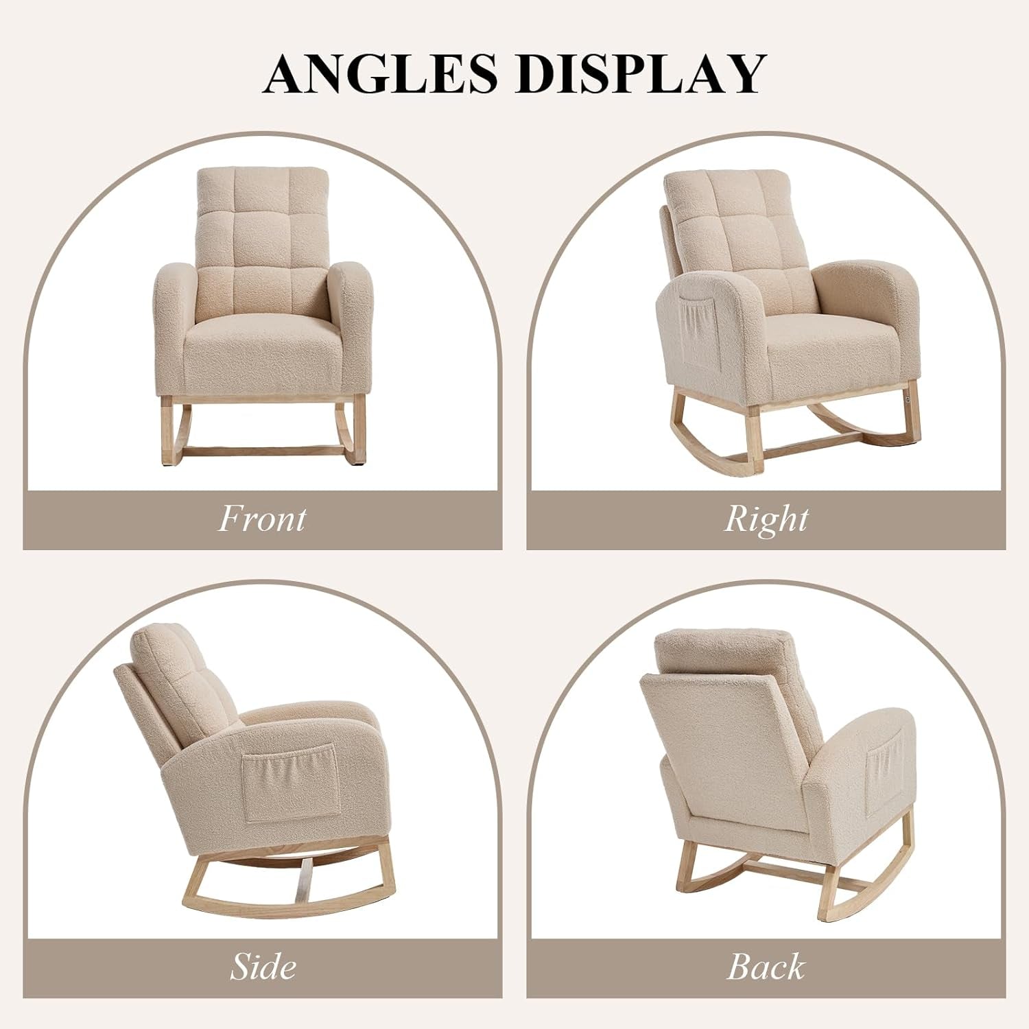 Nursery Rocking Chair, Teddy Upholstered Glider Chair with Side Pocket, Glider Rocker Chair with Tufted Back, Comfy Accent Nursing Chair for Living Room (Beige Retro)