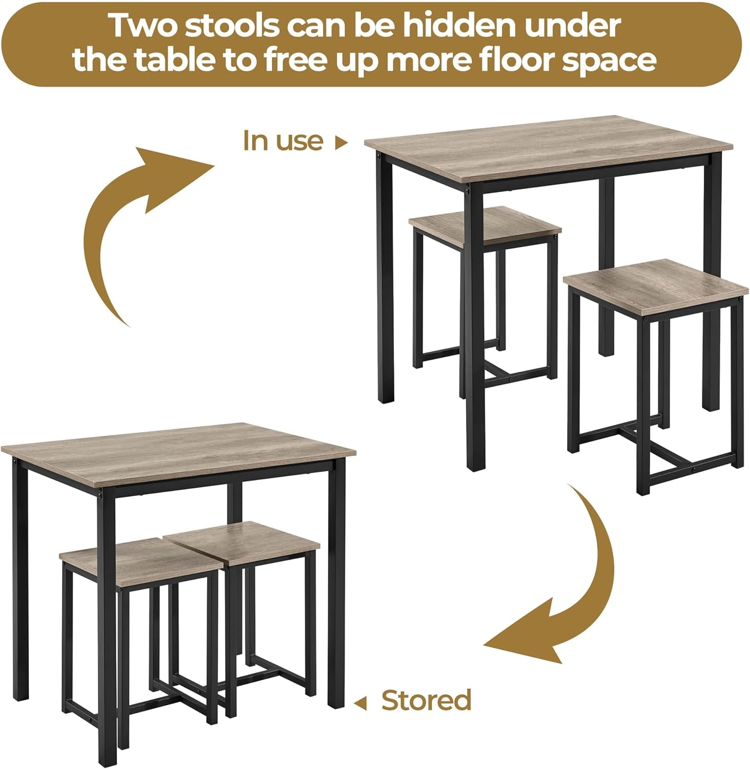 3 Piece Dining Table Set - Kitchen Table & Chair Sets for 2 - Compact Table W/ 2 Stools & Space Saving Design for Dining Room Living Room Kitchen, Gray