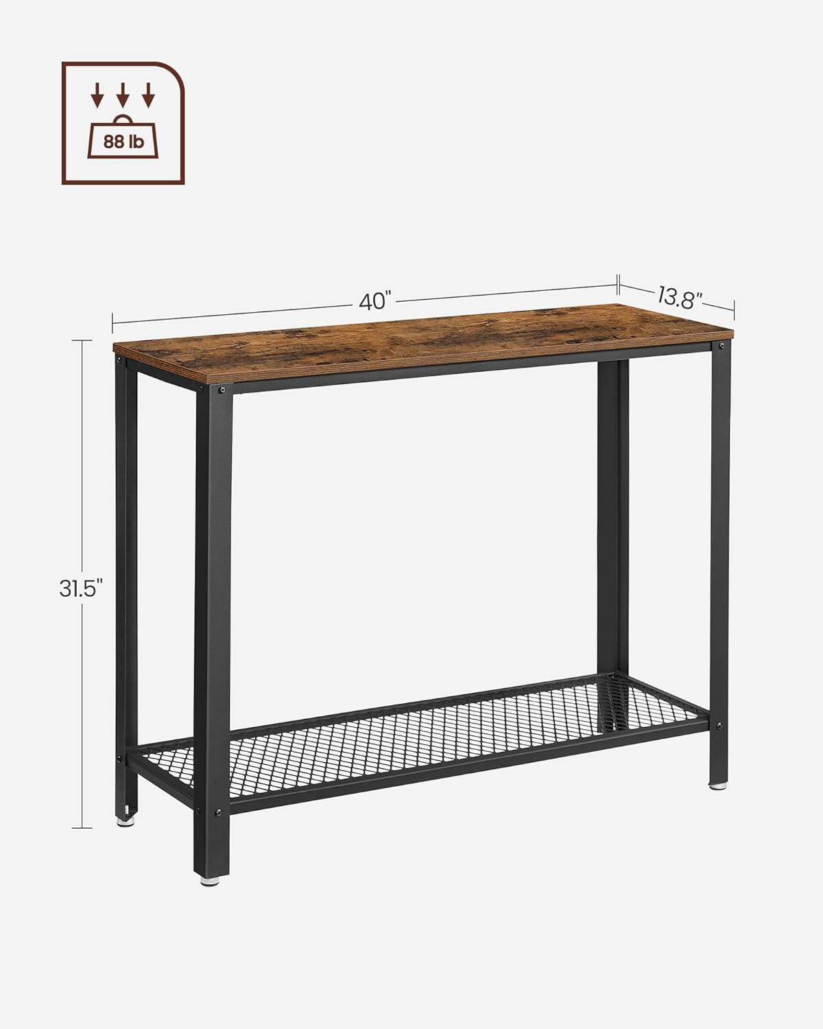 Console Table, 2-Tier Entryway Table with Mesh Shelf, Narrow Sofa Table, Steel Frame, Adjustable Feet, for Hallway, Living Room, Industrial Style, Rustic Brown and Black ULNT80X