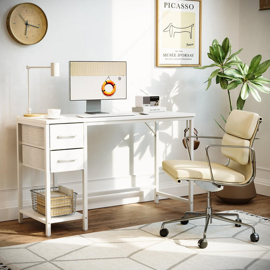 Computer Desk with 2 Drawers, 40 Inch Small Home Office Desk with Storage Study Writing Table, Pure White