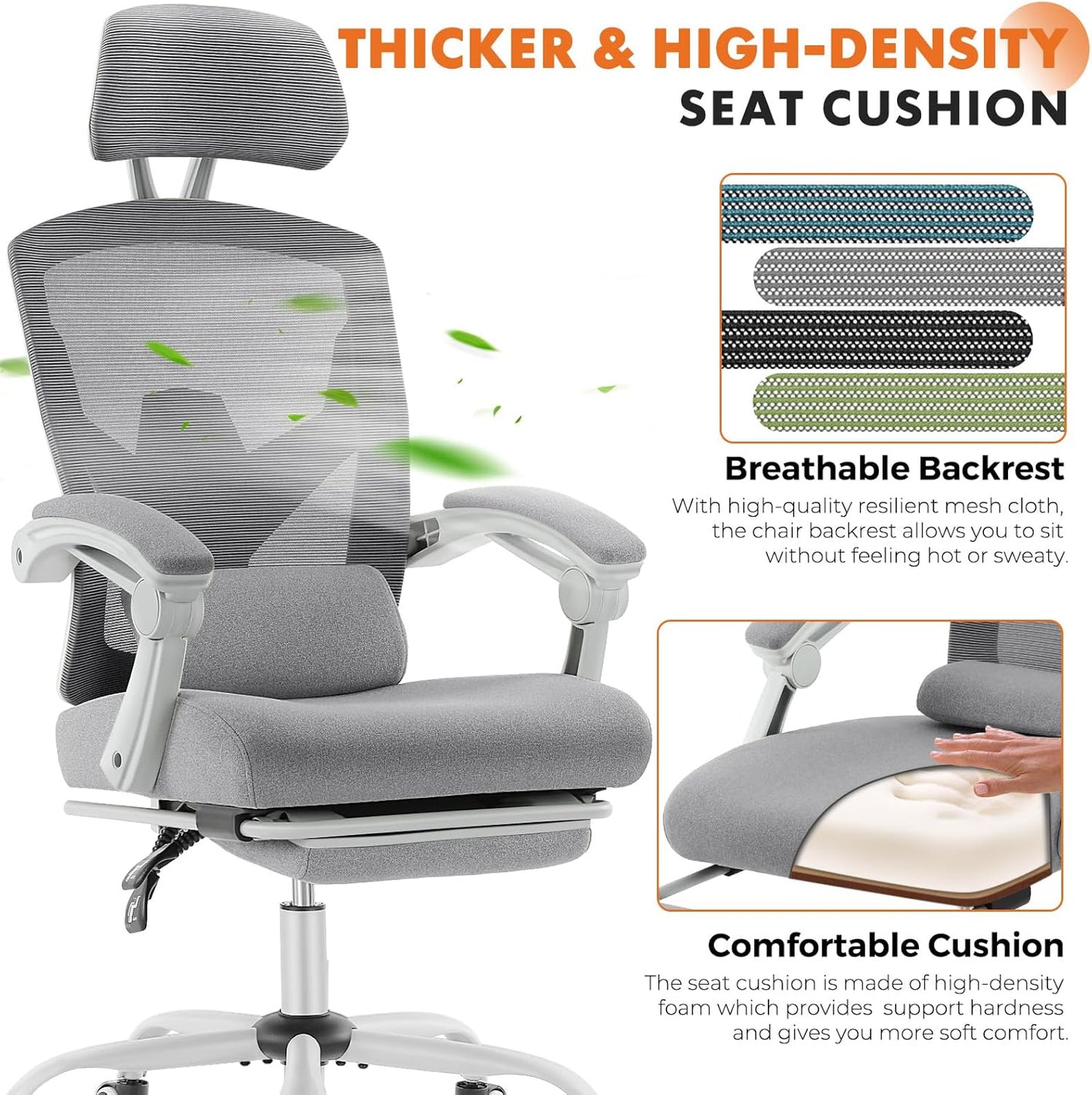Office Computer Desk Chair with Footrest,Ergonomic High-Back Mesh Rolling Work Swivel Chairs with Wheels,Comfortable Lumbar Support,Comfy Arms for Home,Bedroom,Study,Student,Light Grey