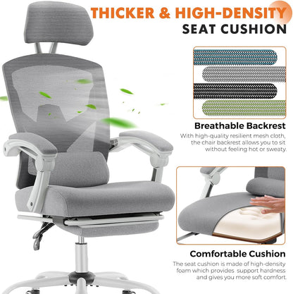 Office Computer Desk Chair with Footrest,Ergonomic High-Back Mesh Rolling Work Swivel Chairs with Wheels,Comfortable Lumbar Support,Comfy Arms for Home,Bedroom,Study,Student,Light Grey