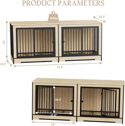 75 Inch Extra Large Double Dog Crate Furniture with Divider, XXL Upgraded Thick Wooden Dog Crate TV Stand