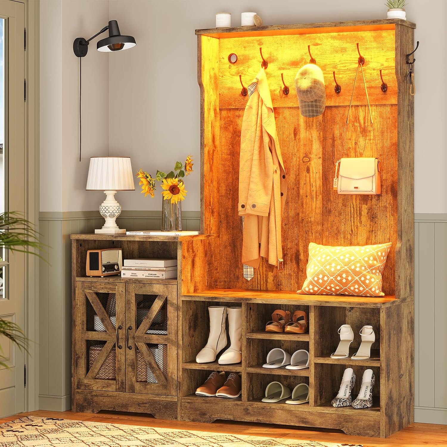 Hall Tree with Bench and Shoe Storage, Entryway Table, Entryway Furniture, 10 Compartments & 8 Double Hooks, Barn Door & Adjustable Shelf, Rustic Brown