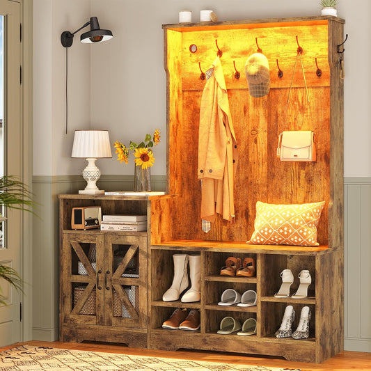 Hall Tree with Bench and Shoe Storage, Entryway Table, Entryway Furniture, 10 Compartments & 8 Double Hooks, Barn Door & Adjustable Shelf, Rustic Brown