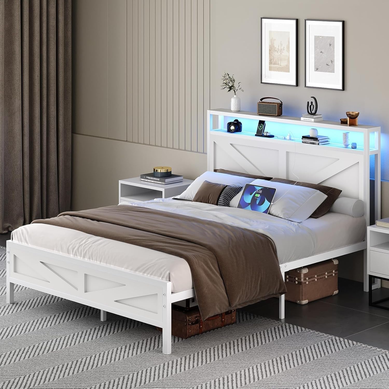 Queen Bed Frame with Headboard, Queen Bed Frames with Outlets and LED Lights, Rustic Bed Frame with Storage Headboard, Farmhouse Barn Door Design, Noise Free, No Box Spring Needed, White