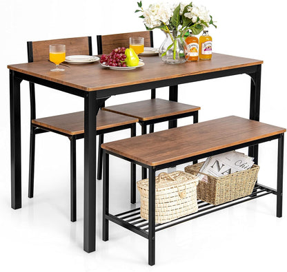 Dining Table Set for 4, 43" Kitchen Table and Chairs, Dining Bench with Metal Frame & Storage Rack, 4-Piece Modern Functional Desk Set for Dinette, Small Space, Apartment, Restaurant, Walnut