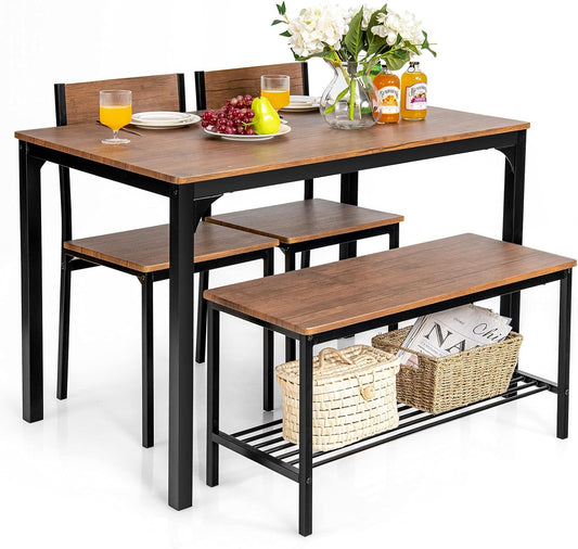 Dining Table Set for 4, 43" Kitchen Table and Chairs, Dining Bench with Metal Frame & Storage Rack, 4-Piece Modern Functional Desk Set for Dinette, Small Space, Apartment, Restaurant, Walnut